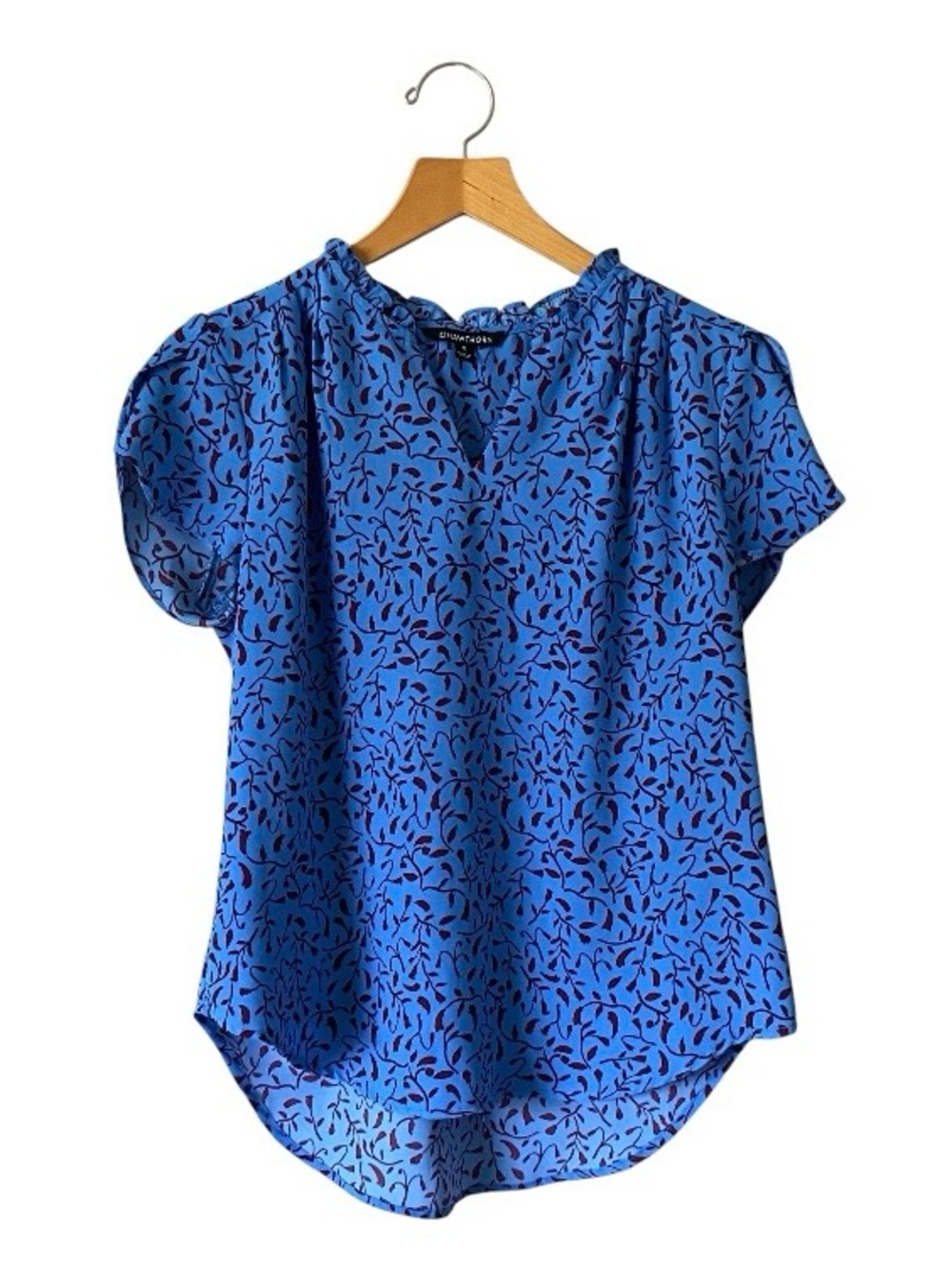 41 Hawthorne Floral Print Blue V Neck Blouse Sz M Ruffle Collar Preppy Office